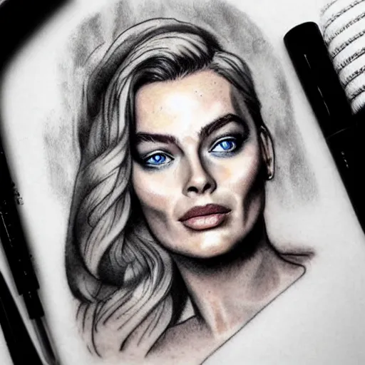 Image similar to face morph tattoo design sketch of beautiful mountain scenery blend in margot robbie face, in the style of matteo pasqualin, amazing detail