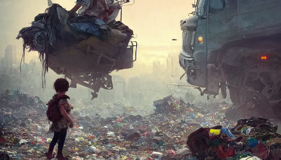 Image similar to poor detailed child with backpack standing at cars looking for food at garbage dump, destroyed cars, city is pure wasteland, moody sunset in background, greg rutkowski, alphonse mucha, trending on artstation, artgerm, unreal engine, breathtaking, award winning, highly detailed