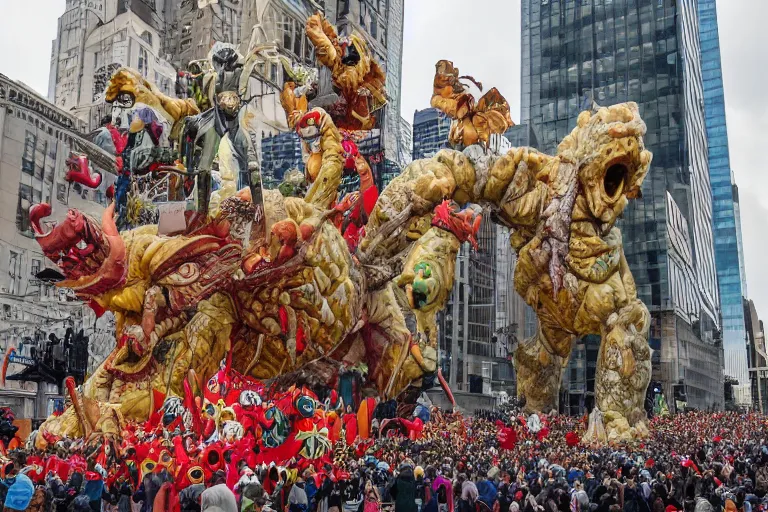 Image similar to photo of giant elaborate parade float designed by geoff darrow!!!! and ( ( ( ( ( ( hr giger ) ) ) ) ) ), in the macys parade, detailed 4 k photo