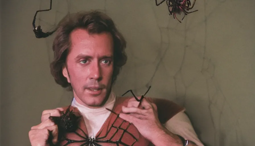 Prompt: 7 0 s movie still of a man with spider in chest, cinestill 8 0 0 t 3 5 mm eastmancolor, heavy grain, high quality, high detail