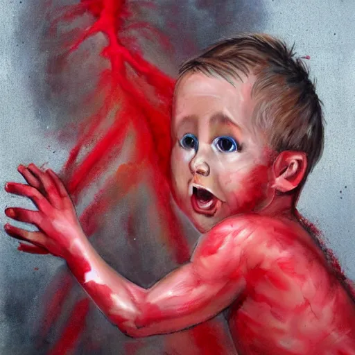 Image similar to cartel peeling off child's skin, hyper realistic, red mist spraying, tendons,