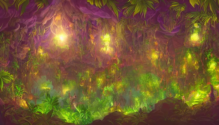 Image similar to concept art of underground jungle cave with luminescent plants, colorful, high detailed