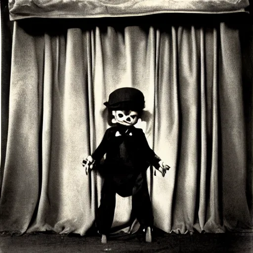 Image similar to ventriloquist doll holding a knife hiding behind a curtain, ventriloquist dummy, photo, hyperrealistic, creepy, dark, epic, cinematic, style of atget, style of cabinet of dr. caligari, detailed