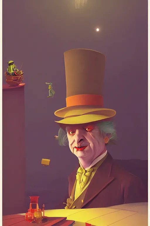 Prompt: Mr Hatter portrait in the wonder trash land Edward Hopper and James Gilleard, Zdzislaw Beksisnski, higly detailed