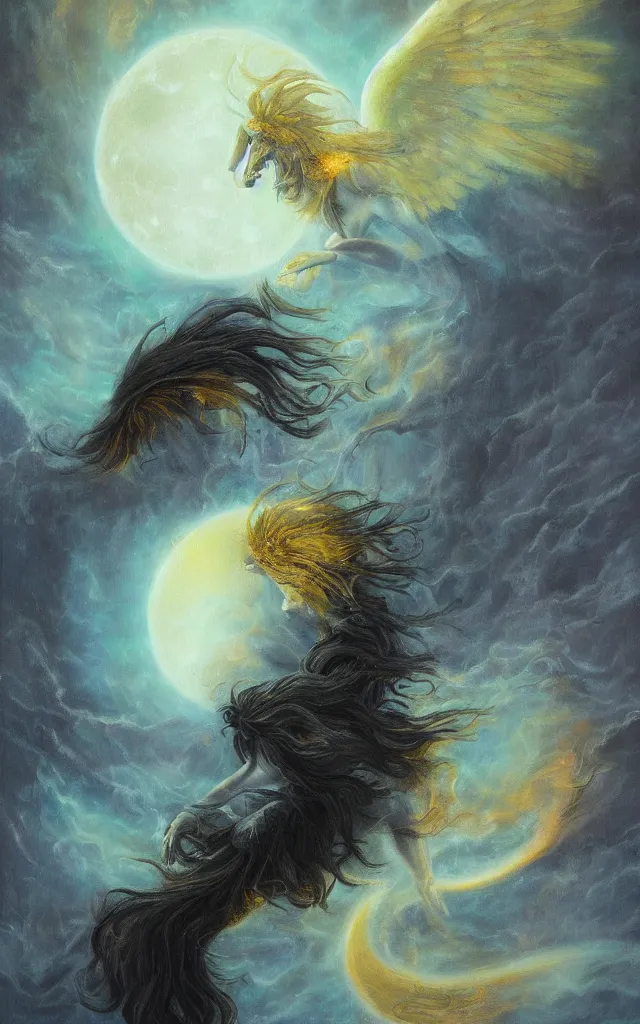 Image similar to iridescent spirit of wrath and fear cruel beautiful spirit with golden eyes lunar mythos ambient fog, award winning oil painting, lunar color palette