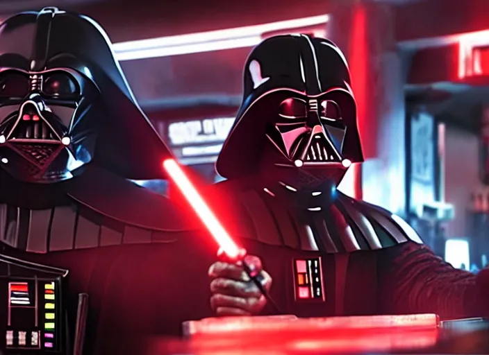 Image similar to film still of Darth Vader goes to a bar in the new Star Wars movie, 4k