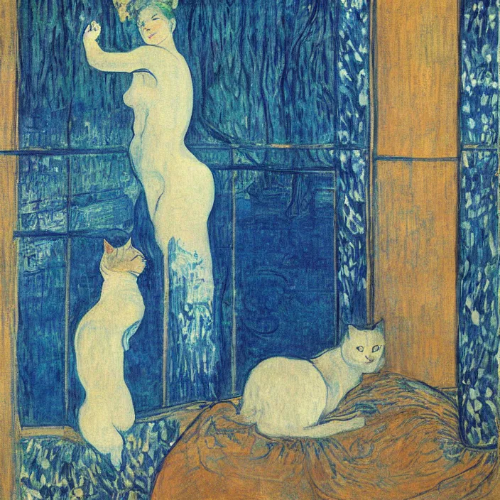 Prompt: sad woman and white cat with city with gothic cathedral and tall trees seen from a window frame with curtains. dark indigo blue, turquoise, gold, earth brown. night with glowing stars. delville jean, henri de toulouse - lautrec, utamaro, matisse, monet