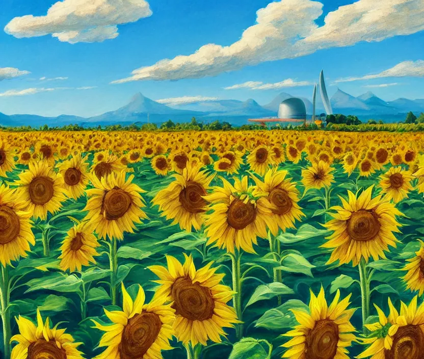 Image similar to a very detailed painting of a sunflower field, baby blue sky with very aesthetic stylized clouds, there is a city with futuristic buildings in the back, there are blue mountains in the back, in the style of edward hopper and hugo pondz, very fine brushstrokes, 4 k,