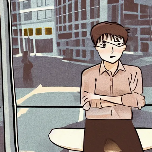 Prompt: comic cartoon manga male brown short hair cute white shirt sitting in cafe looking out window as traffic goes by