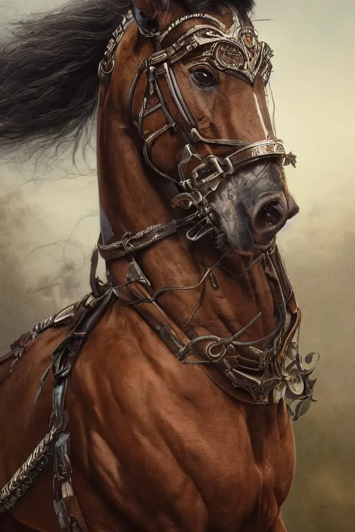 Image similar to 3 quarter view photography portrait of a prince stalion horse , organed, tatooed, intricate details, muscles, elegant, divine, illustrated by greg rutkowski and Akira Saito and Peter mohrbacher, 4k,