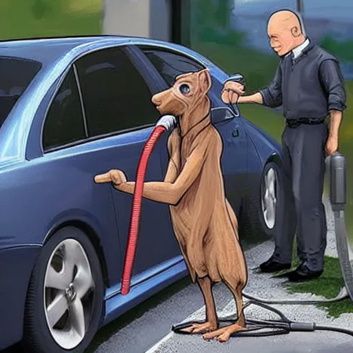 Prompt: hyperrealistic dobby siphoning gas from a car, cctv footage, real,