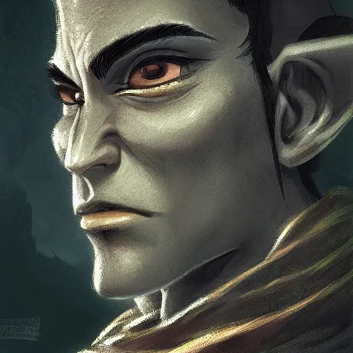 Prompt: Character portrait, face close up: Elf Male Monk/Ranger. Shadow and Gloom. In the style of Ralph Horsley