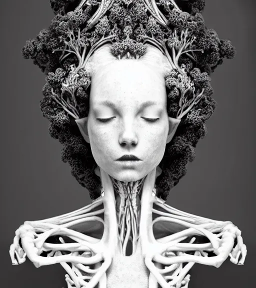 Image similar to dark background, a black and white high quality dreamy photo of a young beautiful female queen-vegetal-dragon-cyborg bust with a very long neck and delicate Mandelbrot fractal face, anatomical, facial muscles, veins, arteries, elegant, highly detailed, flesh highly baroque ornate, hair are curled wired cables, elegant, poetic, dreamy, mysterious, high fashion, rim light, in the style of Ellen von Unwerth, Realistic, Refined, Digital Art, Highly Detailed, Cinematic Lighting, rim light, black and white, photo-realistic, 8K