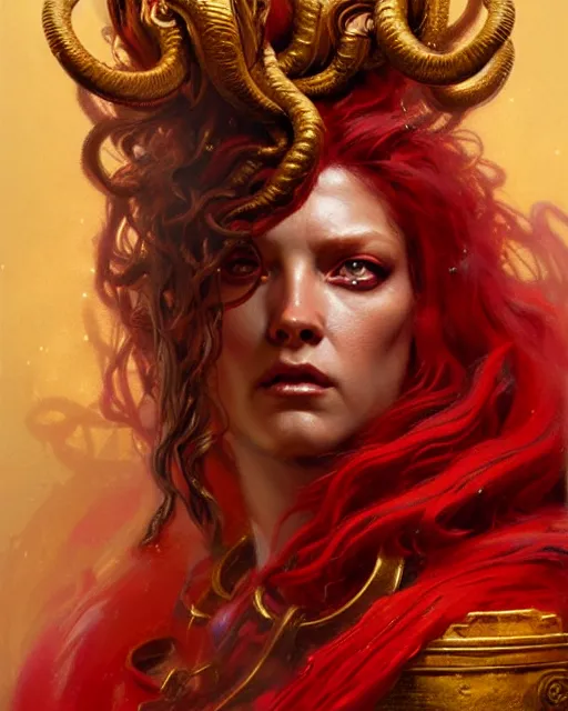 Image similar to fierce medusa in a red and golden robe, fantasy character portrait, ultra realistic, concept art, intricate details, highly detailed by greg rutkowski, gaston bussiere, craig mullins, simon bisley