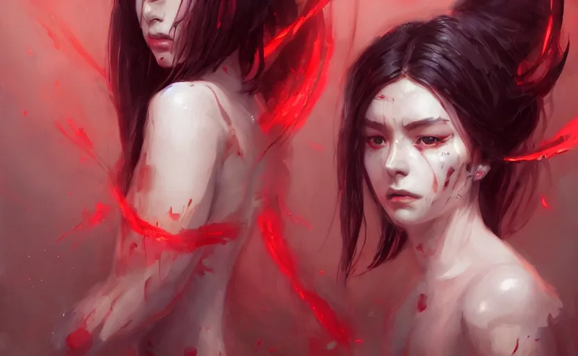 Image similar to a painting of aki trending on artstation in the style of greg rutkowski, beautiful, sensual, natural skin, red horns on head, long black hair