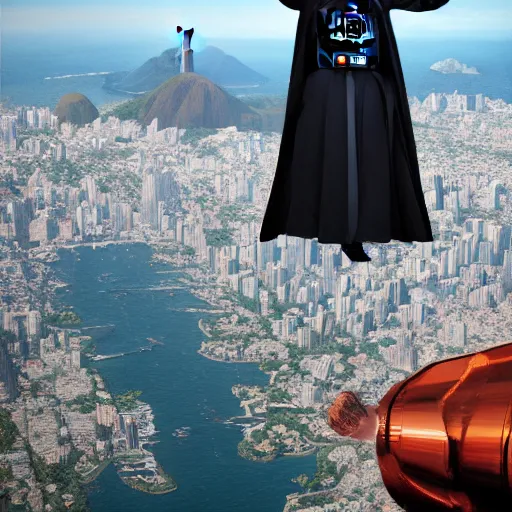 Image similar to a highly detailed picture of, the darth vader as the christo redentor dabbing over rio de janeiro and shouting poggers, ultrawide lens, art by john collier and albert aublet and krenz cushart and artem demura and alphonse mucha, volumetric lighting, octane render, 4 k resolution, trending on artstation, masterpiece