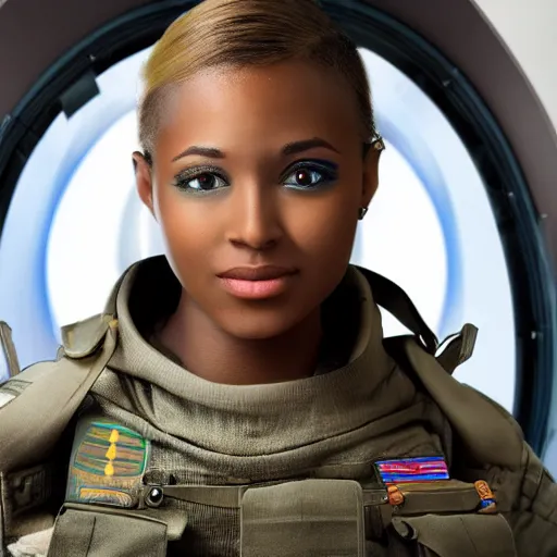 Image similar to a futuristic female soldier with brown skin and short hair in a spaceship