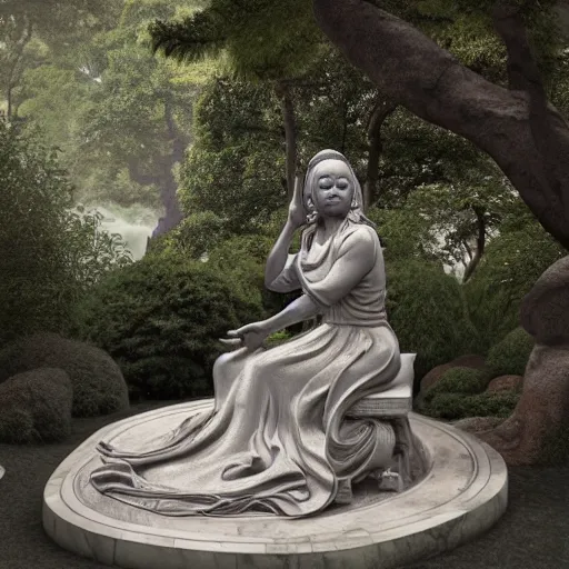 Image similar to marble statue of oprah winfrey meditating in a rococo japanese garden, accurate details, detailed full body, dramatic, intricate, elegant, highly detailed, digital painting, artstation, concept art, sharp focus, illustration, art by gustave dore, octane render