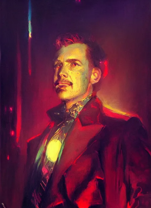 Image similar to portrait of eddie munson joseph quinn. 8 0's neon retro. lights, glow, magical. dark background. illustration by gaston bussiere, gerome, craig mullins, greg rutkowski, john singer sargent.