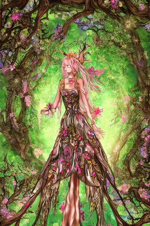 Image similar to beautiful female forest spirit wearing ornate floral cybernetic hungarian valentino resort dress in a lofi 3 d psx rpg style, esoteric magical alien meadow ritual environment, fashion gameplay screenshot portrait, highly detailed, atelier, xenogears