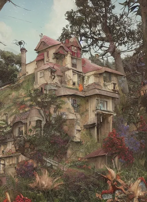 Image similar to a hyper realistic house on a hill distant explosions, gorgeous lighting, lush foliage, painting by chiara bautista and tom bagshaw, mucha, beksinski and norman rockwell and greg rutkowski weta studio, and lucasfilm