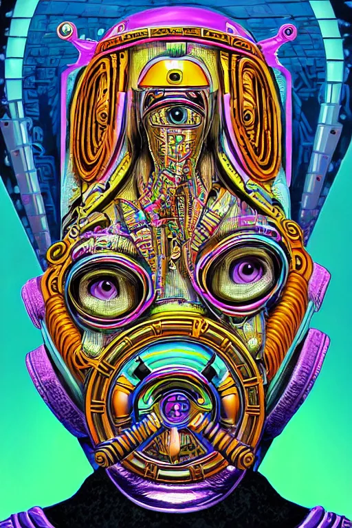 Image similar to a detailed portrait of a fashionable cyberpunk egyptian mayan deity aliens extraterrestrial wearing an ornate cyberdelic gas mask in the style of escher and william blake and stephen gammell and lisa frank in the style of adorable dark fantasy, fantasy, surrealism, crisp, award winning art, vivid colors, cmyk color scheme, low contrast, tilt shift, 8 k