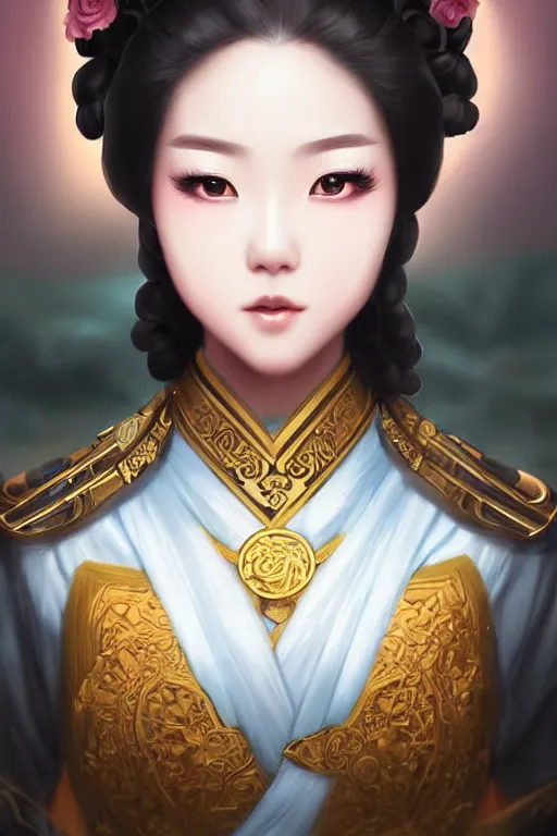 Image similar to a lovely and shiny young empress of qing dynasty, face by artgerm, ross tran, fuji choko, loish, 8 k resolution, attractive, symmetrical portrait, beautifully detailed landscape of ruin, trending on pixiv and pinterest, charming black eyes, luxury