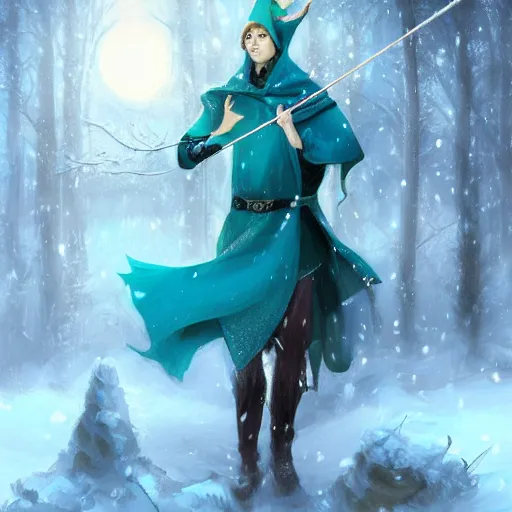 Image similar to handsome pointy - eared male snow elf in a turquoise cape as an archer, albino skin, mid - shot, moonlight snowing, ethereal opalescent mist, winter vibes, perfect face, elegant, very coherent symmetrical artwork, by wenjun lin, krenz cushart, charlie bowater, trending on artstation