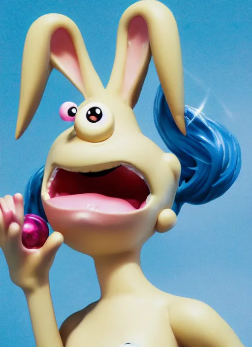 Prompt: a hyperrealistic lowbrow oil panting of a looney kawaii vocaloid figurine caricature with a big dumb goofy grin and pretty sparkling anime eyes featured on Wallace and Gromit by studio ghibli