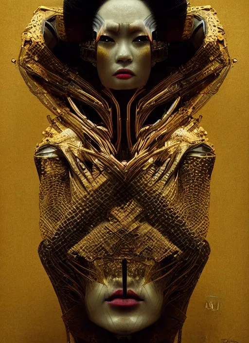 Prompt: portrait of a futuristic geisha demon cyborg, kintsugi, modern fine art, fractal, intricate, elegant, highly detailed, digital photography, subsurface scattering, by jheronimus bosch and greg rutkowski,