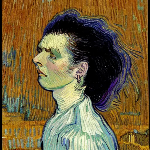 Prompt: painting of a beautiful woman with iridescent translucent hair, her eyes are closed, hair is floating, ethereal, by Van Gogh