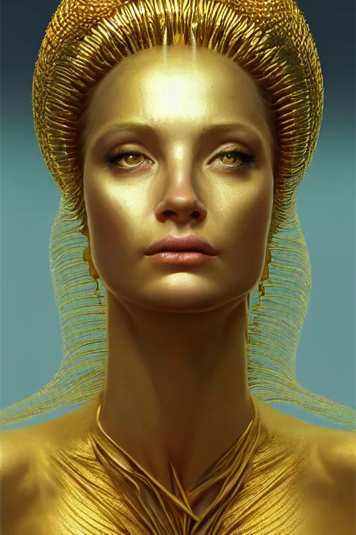 Image similar to Hyper realistic portrait of a goddess in a gold fluid simulation in the background, Cinematic lighting, ultra super good realistic 3D render by Gerald Brom and Zdzisław Beksiński, symmetry, insanely detailed, trending on artstation, 8k