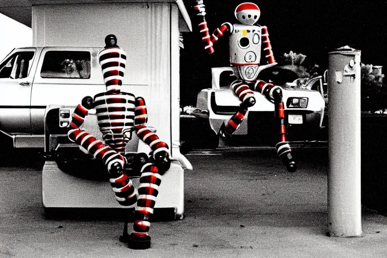 Image similar to robot clown relaxing at a california drive in, in 1 9 8 2, cutecore clowncore, bathed in the the glow of the sunset, low - light photograph, in style of tyler mitchell