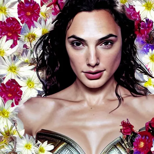 Prompt: fine art, long shot photo of the beauty goddess gal gadot, she has a crown of mesmerizing flowers, she is arriving heaven, background full of stormy clouds, by hr giger