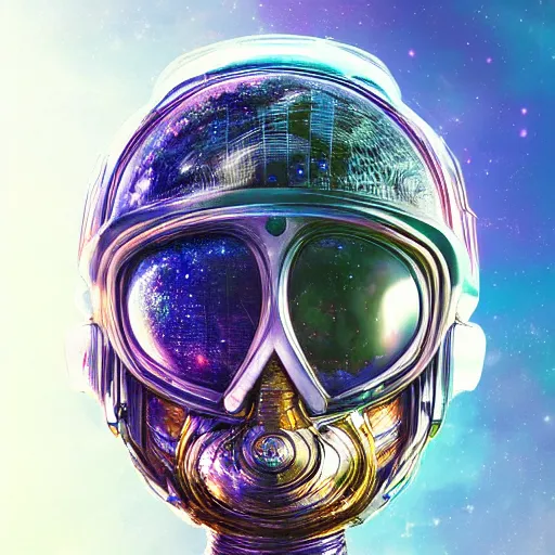 Prompt: a beautiful hyper detailed helmet of astronaut, made from crystal and glass, scifi, realistic, psychedelic vision, by beeple, artgerm, aaron, bauhaus, akira toriyama, hp lovecraft, andre masson, hyper detailed, art station,