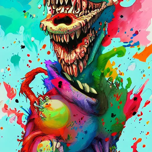 Image similar to colorful illustration of monster, splatters, by zac retz and junji ito