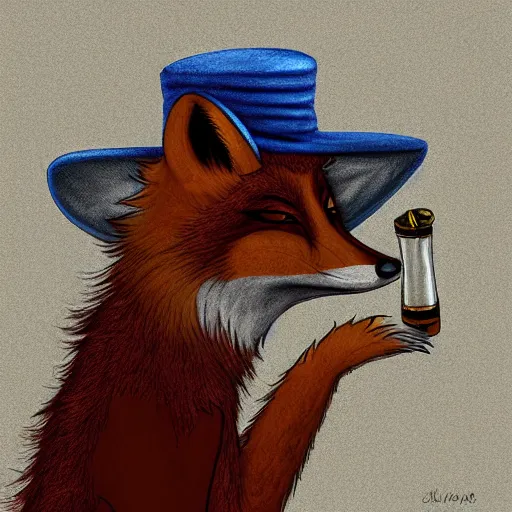 Image similar to a polygamous fox with a hat drinking beer and smoking e - cigarette, digital art, high details