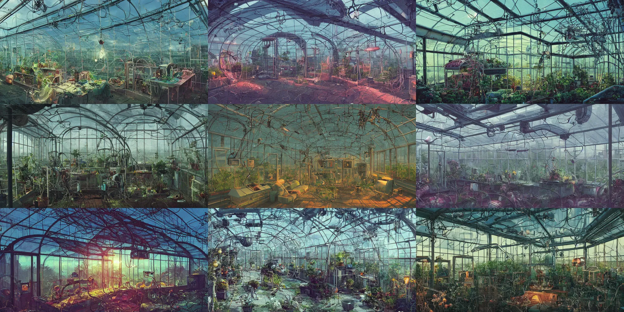 Prompt: greenhouse, 1 9 8 0, retrofuturism, cluttered, wires everywhere, window, at night, dramatic lighting, alien technology, detailed by simon stalenhag