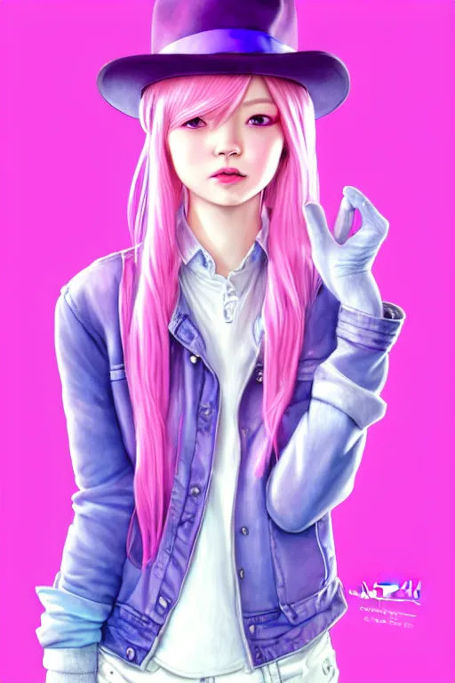 Image similar to gorgeous!!! hyper - realistic teenager girl with pink hair, light pink fedora hat and light pink jacket, with purple gloves, blue jeans and white shoes | drawn by wlop, drawn by jeehyung lee, drawn by artgerm | intricate, highly detailed, digital painting, character design, concept art, illustration, artstation