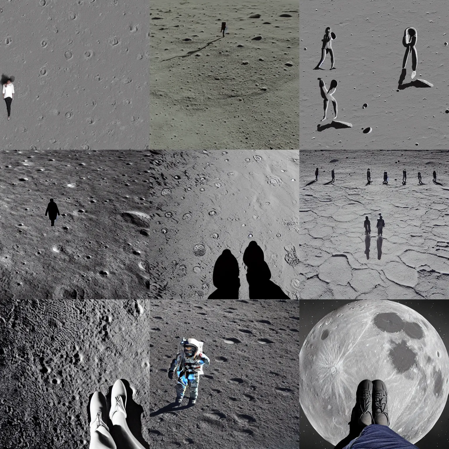 Prompt: a dozen artistic rendering of people standing on the surface of the moon, fine line