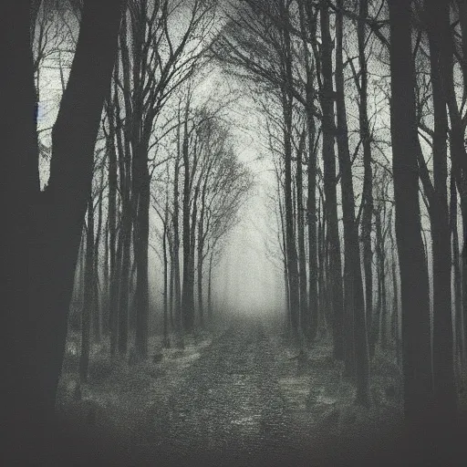 Image similar to a dark forest with a feeling of loneliness, polaroid photo, perfect photo, photo pinterest