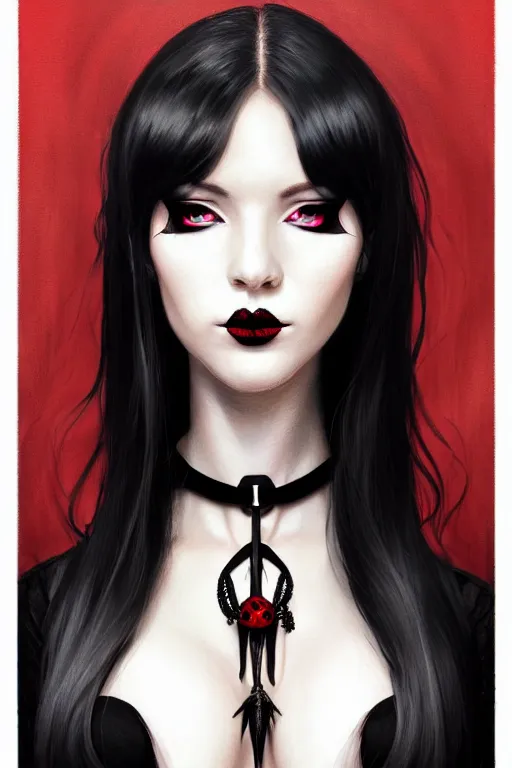 Image similar to Portrait of seductive female necromancer, D&D, revealing stylish dress, red eyes, black lipstick, choker on neck, long black hair, mouth slightly open, slight nerdy smile, fantasy, intricate, elegant, highly detailed, digital painting, artstation, concept art, smooth, sharp focus, illustration, art by artgerm and greg rutkowski and alphonse mucha