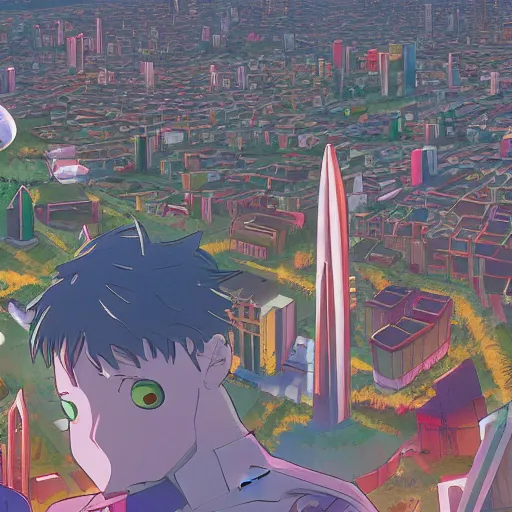 Image similar to City of Armenia Quindio depicted in Evangelion TV Show, Artwork by Gainax Studio (1996), official media, concept art, 8k, pixiv, high definition, wallpaper, hd, digital artwork