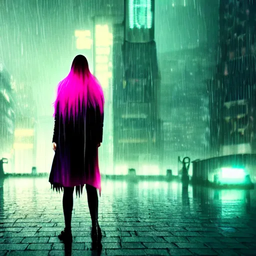 Image similar to ciberpunk city of the future, blade runner style, octane render, digital art, rain, beautiful girl with umbrella wearing a clear raincoat , pink hair, cinematic, 8k, very intricate, 80's, night time,