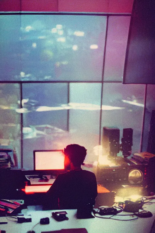 Prompt: agfa vista 4 0 0 photograph of a guy sitting at a computer desk in a cluttered room, back view, synth vibe, vaporwave colors, lens flare, moody lighting, moody vibe, telephoto, 9 0 s vibe, blurry background, grain, tranquil, calm, faded!,