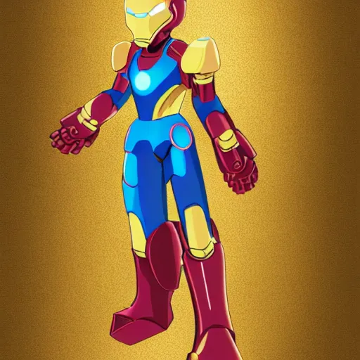 Image similar to mega man's kid sister. iron man, cyberpunk, anime, no helmet, long blue hair on her head, gold armor