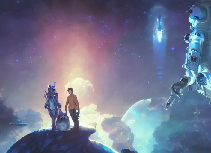 Image similar to a space handsome gay guy and his pet space cat staring role in a musical sci - fi space opera ghibli animated film, volumetric lighting, octane render by stanley artgerm lau, greg rutkowski, thomas kindkade, alphonse mucha, loish, norman rockwel,