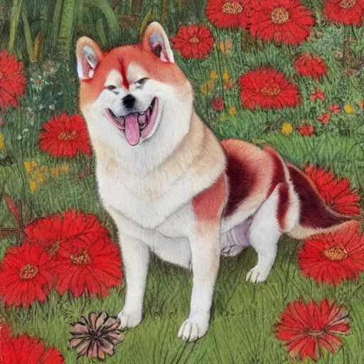 Image similar to a red akita inu wearing a kimono, in a field of flowers, painting in the style of warwick goble, highly detailed