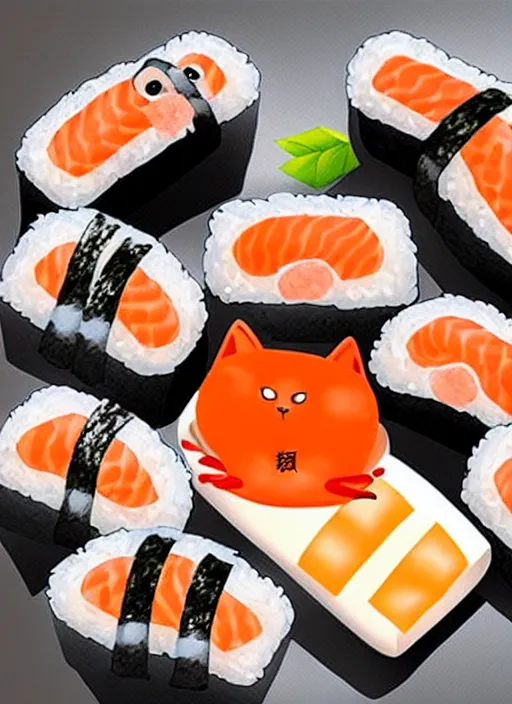 Image similar to clear photorealistic picture of adorable cats made out of sushi