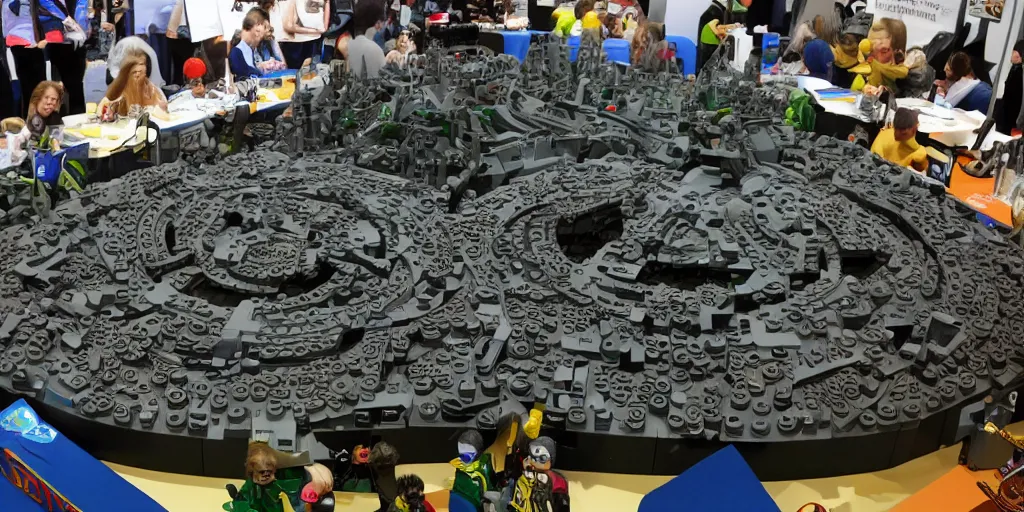 Image similar to wide shot lens photo of a very intricately detailed and epically shaped 3. 5 meter long hovercraft the nebuchadnezzar from the matrix attacked by squid sentinels lego sculpture designed by a master builder as displayed at a lego convention, low angle shot.